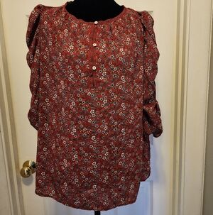 Max Studio Rust Floral Button Henley Blouse